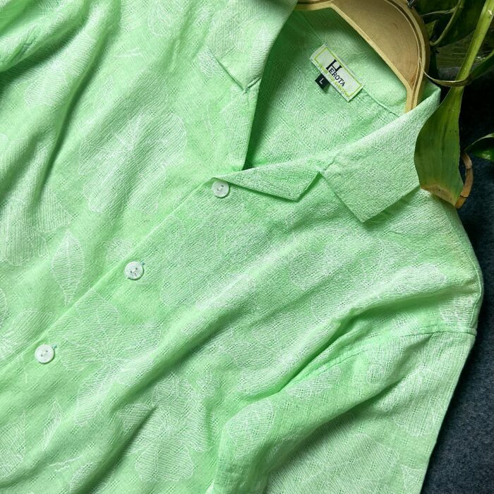 Premium Semi D-shoulder Cuban Half Shirt – Mint Green With Stitch work