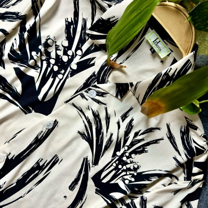 Premium Semi D-shoulder Cuban Half Shirt – Offwhite with black print