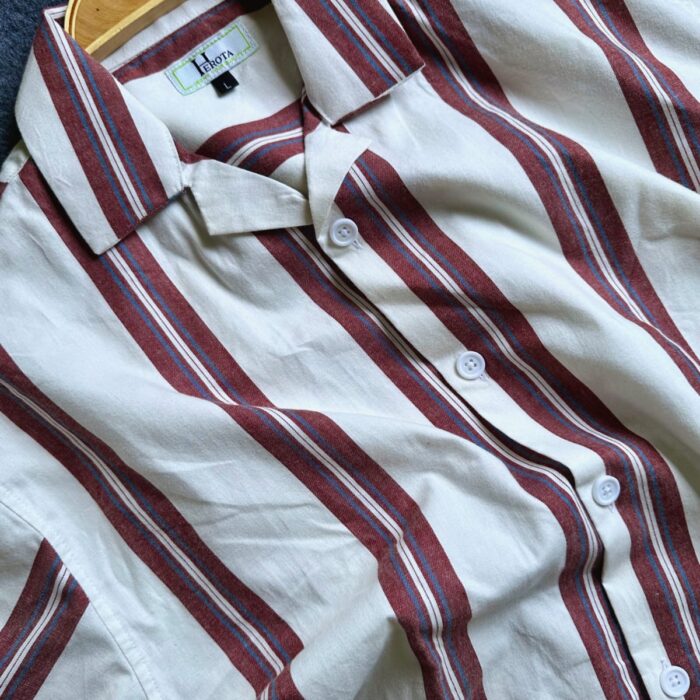 Premium Semi D-shoulder Cuban Half Shirt – Textured White with merun stipe