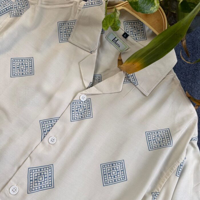 Premium Semi D-shoulder Cuban Half Shirt – Offwhite With Blue Print