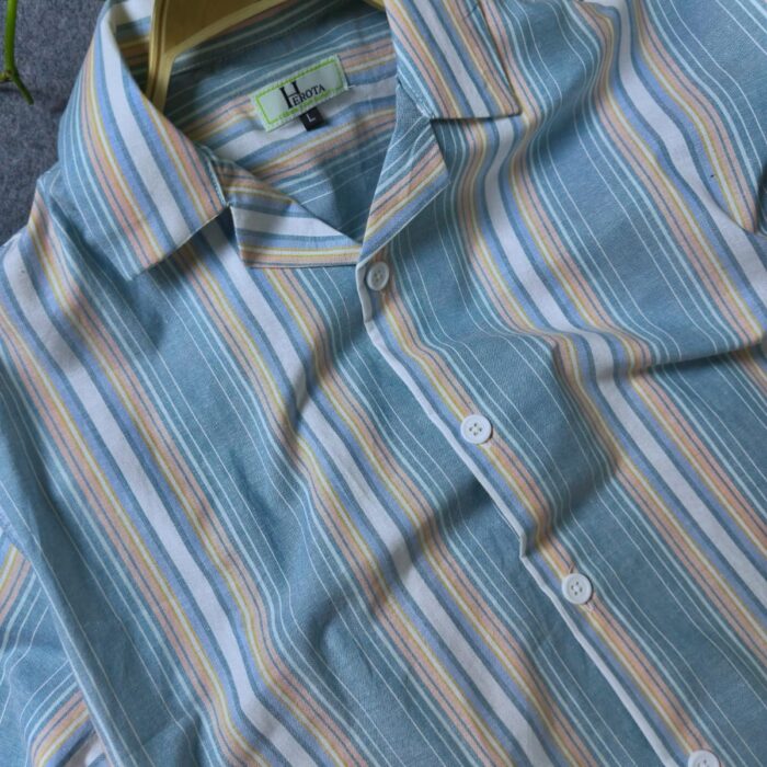 Premium Semi D-shoulder Cuban Half Shirt – Textured Seablue stipe