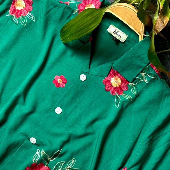 Premium Semi D-shoulder Cuban Half Shirt – Green With colourful Embrodery work