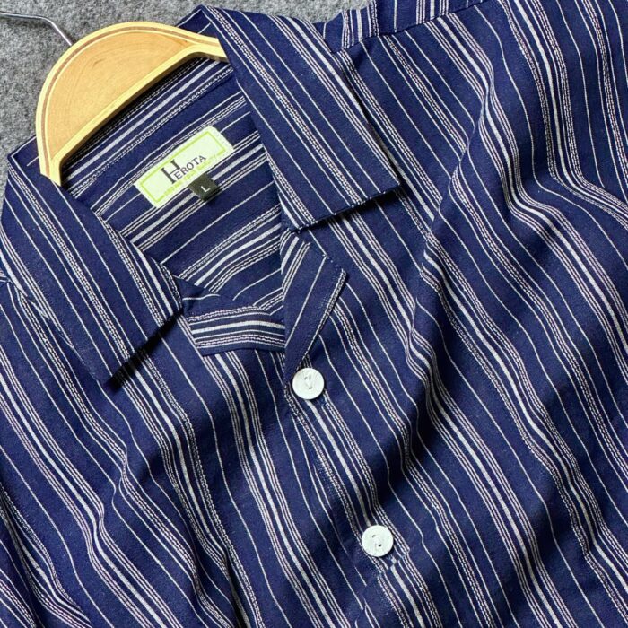 Premium Semi D-shoulder Cuban Half Shirt – Textured Navybluer with white stipe