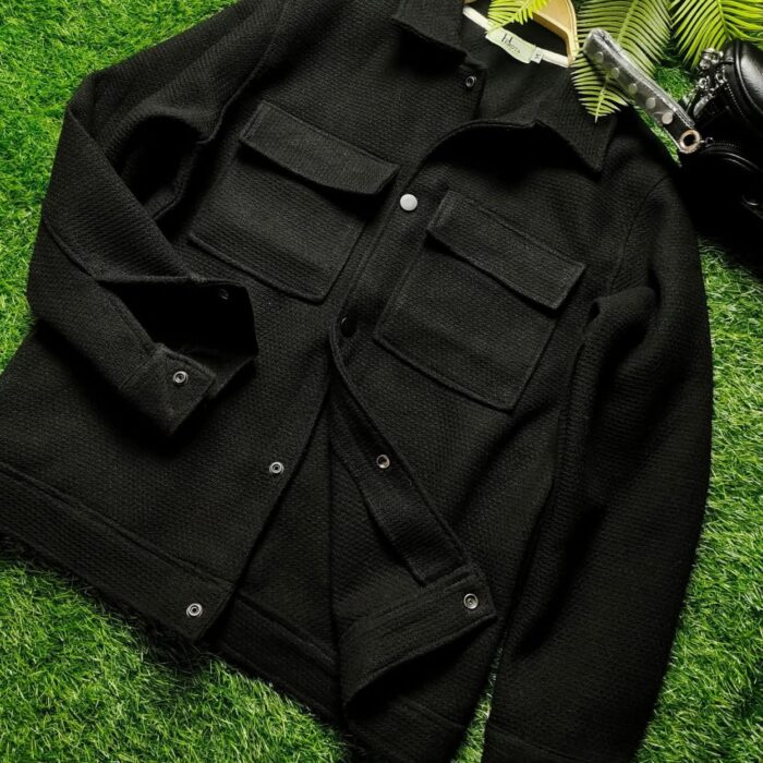 Winter Black Jacket-Textured Wool Blend Knitted Casual Jacket