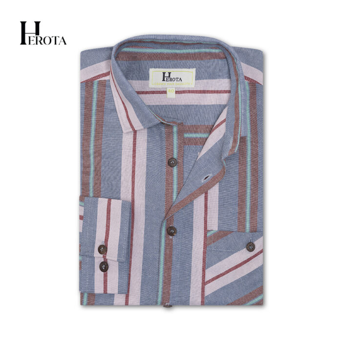 Ash blue Shirt with White, Rust brown, & Teal Stripe