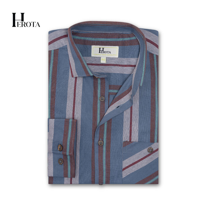 Denim blue Shirt with White, Maroon & Teal Green Stripe